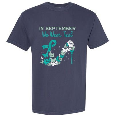 Womens September We Wear Teal Ribbon Shoe Ovarian Cancer Awareness Garment-Dyed Heavyweight T-Shirt