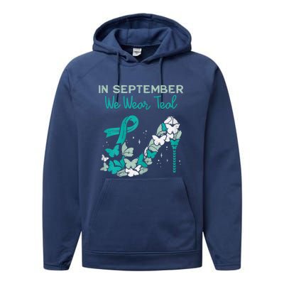 Womens September We Wear Teal Ribbon Shoe Ovarian Cancer Awareness Performance Fleece Hoodie