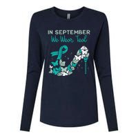 Womens September We Wear Teal Ribbon Shoe Ovarian Cancer Awareness Womens Cotton Relaxed Long Sleeve T-Shirt