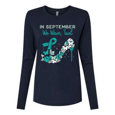 Womens September We Wear Teal Ribbon Shoe Ovarian Cancer Awareness Womens Cotton Relaxed Long Sleeve T-Shirt