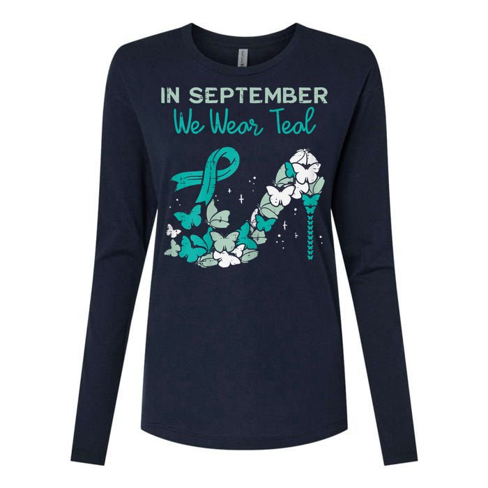 Womens September We Wear Teal Ribbon Shoe Ovarian Cancer Awareness Womens Cotton Relaxed Long Sleeve T-Shirt