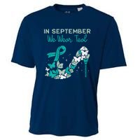 Womens September We Wear Teal Ribbon Shoe Ovarian Cancer Awareness Cooling Performance Crew T-Shirt