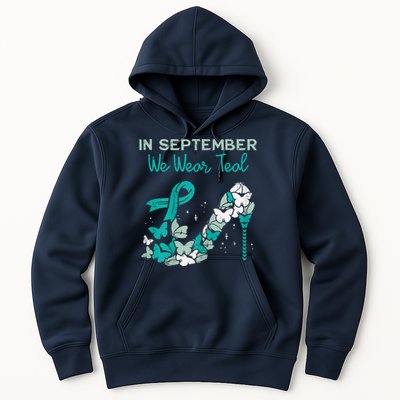 Womens September We Wear Teal Ribbon Shoe Ovarian Cancer Awareness Hoodie