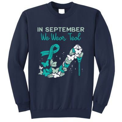 Womens September We Wear Teal Ribbon Shoe Ovarian Cancer Awareness Sweatshirt