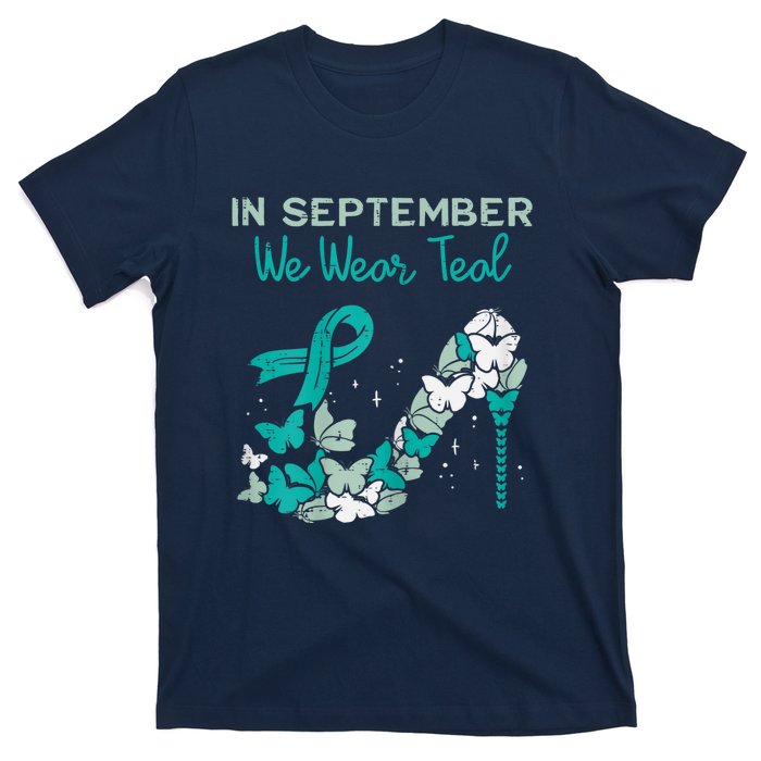 Womens September We Wear Teal Ribbon Shoe Ovarian Cancer Awareness T-Shirt