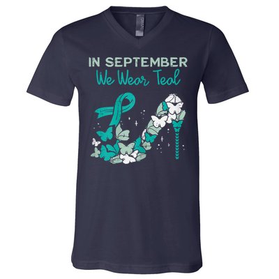 Womens September We Wear Teal Ribbon Shoe Ovarian Cancer Awareness V-Neck T-Shirt