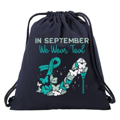 Womens September We Wear Teal Ribbon Shoe Ovarian Cancer Awareness Drawstring Bag