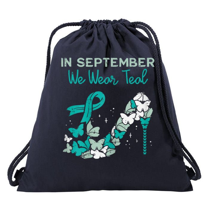 Womens September We Wear Teal Ribbon Shoe Ovarian Cancer Awareness Drawstring Bag