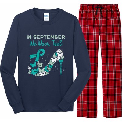 Womens September We Wear Teal Ribbon Shoe Ovarian Cancer Awareness Long Sleeve Pajama Set