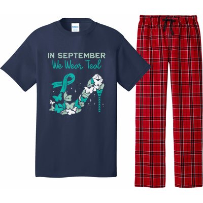 Womens September We Wear Teal Ribbon Shoe Ovarian Cancer Awareness Pajama Set