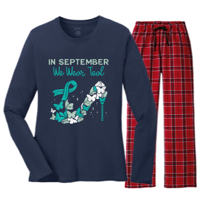 Womens September We Wear Teal Ribbon Shoe Ovarian Cancer Awareness Women's Long Sleeve Flannel Pajama Set 