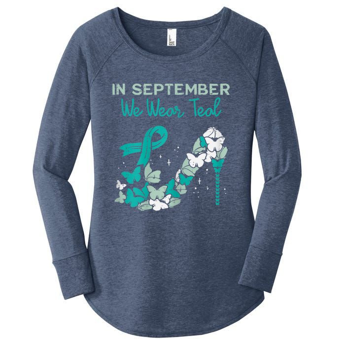 Womens September We Wear Teal Ribbon Shoe Ovarian Cancer Awareness Women's Perfect Tri Tunic Long Sleeve Shirt