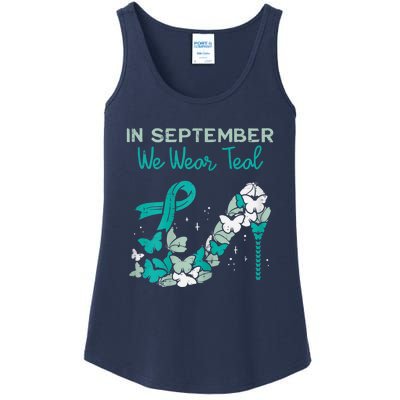 Womens September We Wear Teal Ribbon Shoe Ovarian Cancer Awareness Ladies Essential Tank