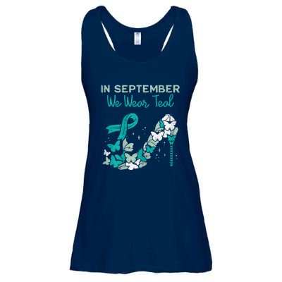 Womens September We Wear Teal Ribbon Shoe Ovarian Cancer Awareness Ladies Essential Flowy Tank