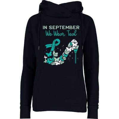 Womens September We Wear Teal Ribbon Shoe Ovarian Cancer Awareness Womens Funnel Neck Pullover Hood