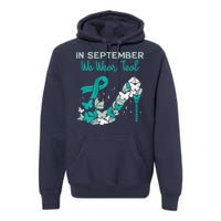 Womens September We Wear Teal Ribbon Shoe Ovarian Cancer Awareness Premium Hoodie