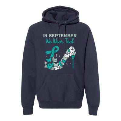 Womens September We Wear Teal Ribbon Shoe Ovarian Cancer Awareness Premium Hoodie