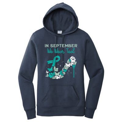 Womens September We Wear Teal Ribbon Shoe Ovarian Cancer Awareness Women's Pullover Hoodie