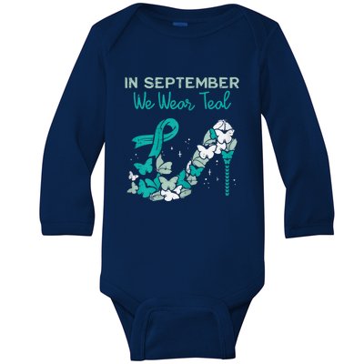 Womens September We Wear Teal Ribbon Shoe Ovarian Cancer Awareness Baby Long Sleeve Bodysuit