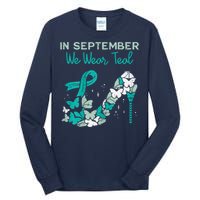 Womens September We Wear Teal Ribbon Shoe Ovarian Cancer Awareness Tall Long Sleeve T-Shirt