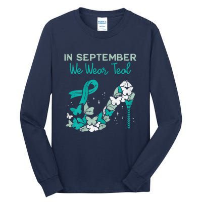 Womens September We Wear Teal Ribbon Shoe Ovarian Cancer Awareness Tall Long Sleeve T-Shirt