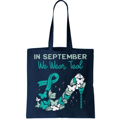 Womens September We Wear Teal Ribbon Shoe Ovarian Cancer Awareness Tote Bag