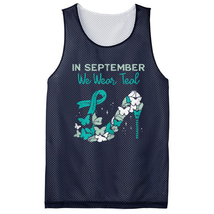 Womens September We Wear Teal Ribbon Shoe Ovarian Cancer Awareness Mesh Reversible Basketball Jersey Tank