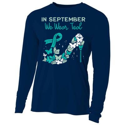 Womens September We Wear Teal Ribbon Shoe Ovarian Cancer Awareness Cooling Performance Long Sleeve Crew