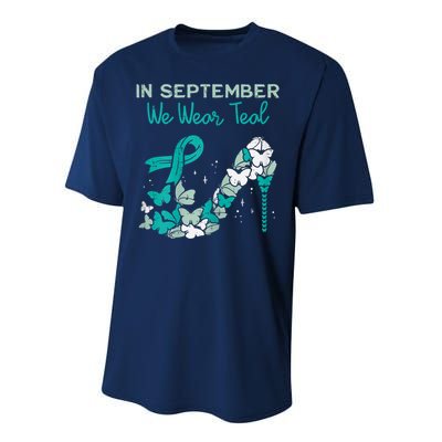 Womens September We Wear Teal Ribbon Shoe Ovarian Cancer Awareness Performance Sprint T-Shirt