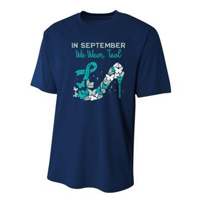 Womens September We Wear Teal Ribbon Shoe Ovarian Cancer Awareness Youth Performance Sprint T-Shirt