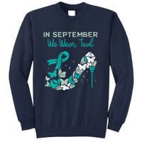 Womens September We Wear Teal Ribbon Shoe Ovarian Cancer Awareness Tall Sweatshirt