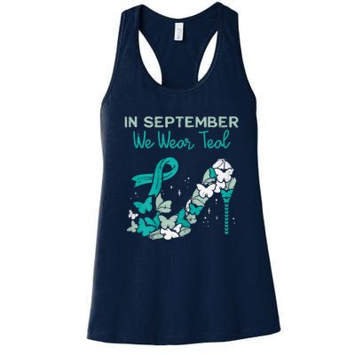 Womens September We Wear Teal Ribbon Shoe Ovarian Cancer Awareness Women's Racerback Tank