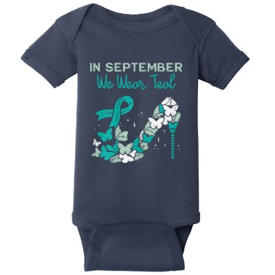 Womens September We Wear Teal Ribbon Shoe Ovarian Cancer Awareness Baby Bodysuit