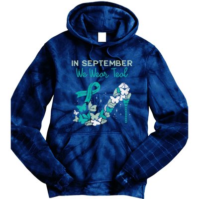 Womens September We Wear Teal Ribbon Shoe Ovarian Cancer Awareness Tie Dye Hoodie