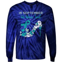 Womens September We Wear Teal Ribbon Shoe Ovarian Cancer Awareness Tie-Dye Long Sleeve Shirt