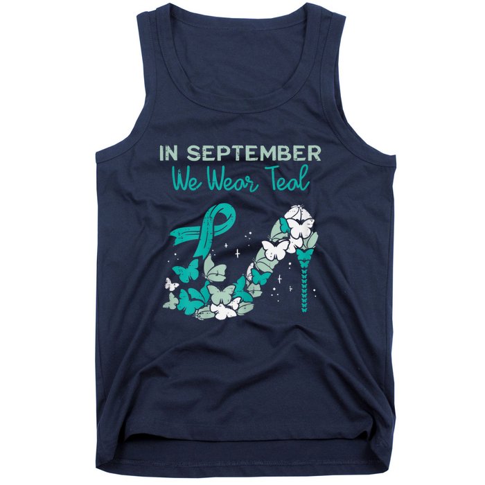 Womens September We Wear Teal Ribbon Shoe Ovarian Cancer Awareness Tank Top