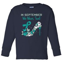 Womens September We Wear Teal Ribbon Shoe Ovarian Cancer Awareness Toddler Long Sleeve Shirt