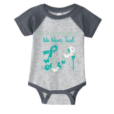 Womens September We Wear Teal Ribbon Shoe Ovarian Cancer Awareness Infant Baby Jersey Bodysuit