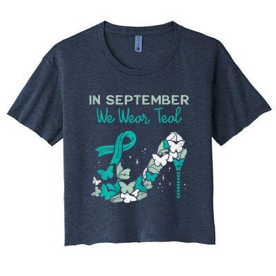 Womens September We Wear Teal Ribbon Shoe Ovarian Cancer Awareness Women's Crop Top Tee