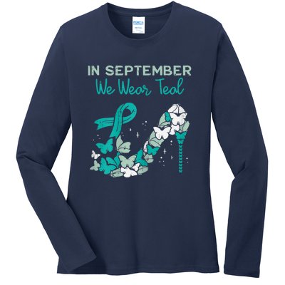 Womens September We Wear Teal Ribbon Shoe Ovarian Cancer Awareness Ladies Long Sleeve Shirt