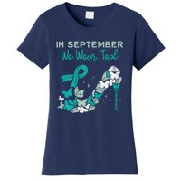 Womens September We Wear Teal Ribbon Shoe Ovarian Cancer Awareness Women's T-Shirt