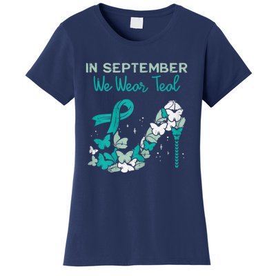 Womens September We Wear Teal Ribbon Shoe Ovarian Cancer Awareness Women's T-Shirt