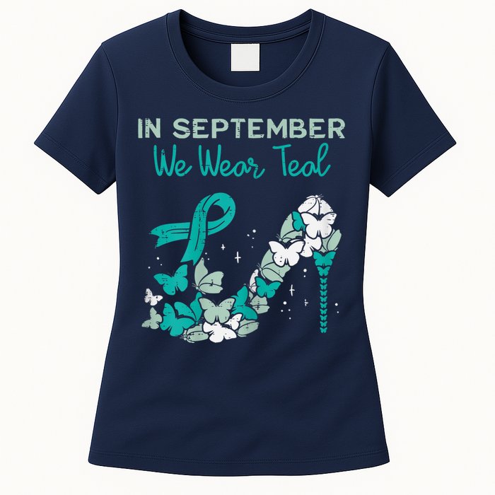 Womens September We Wear Teal Ribbon Shoe Ovarian Cancer Awareness Women's T-Shirt