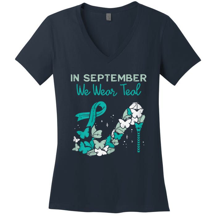 Womens September We Wear Teal Ribbon Shoe Ovarian Cancer Awareness Women's V-Neck T-Shirt