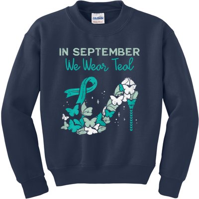 Womens September We Wear Teal Ribbon Shoe Ovarian Cancer Awareness Kids Sweatshirt