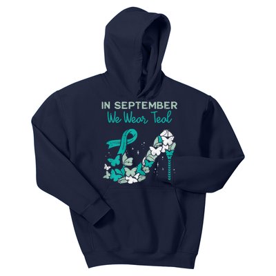 Womens September We Wear Teal Ribbon Shoe Ovarian Cancer Awareness Kids Hoodie