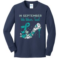 Womens September We Wear Teal Ribbon Shoe Ovarian Cancer Awareness Kids Long Sleeve Shirt