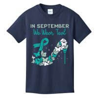 Womens September We Wear Teal Ribbon Shoe Ovarian Cancer Awareness Kids T-Shirt