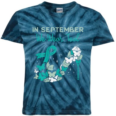 Womens September We Wear Teal Ribbon Shoe Ovarian Cancer Awareness Kids Tie-Dye T-Shirt