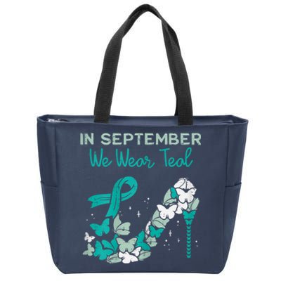 Womens September We Wear Teal Ribbon Shoe Ovarian Cancer Awareness Zip Tote Bag